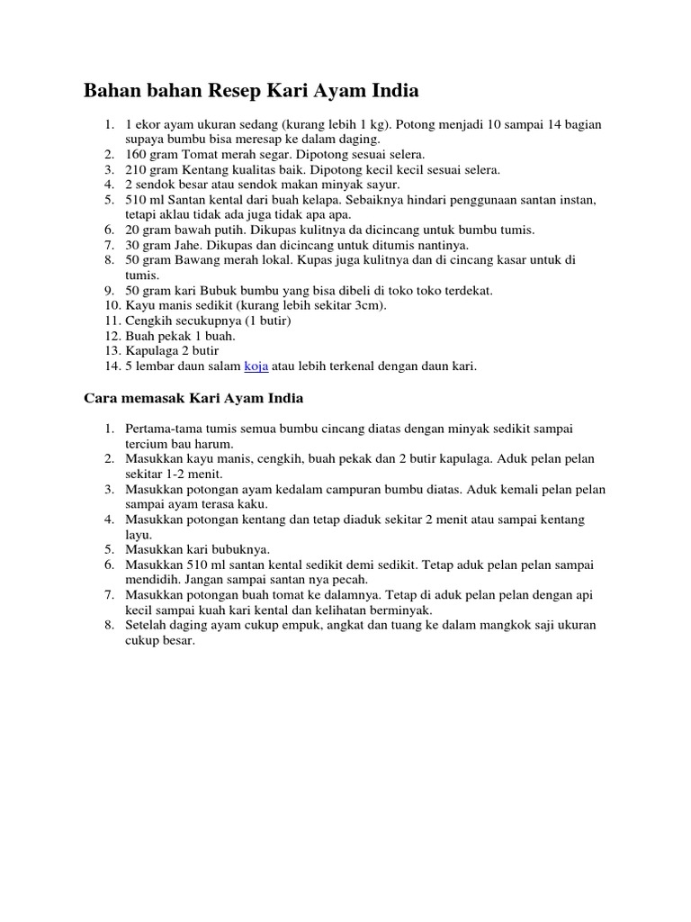 Bahan Bahan Resep Kari Ayam India