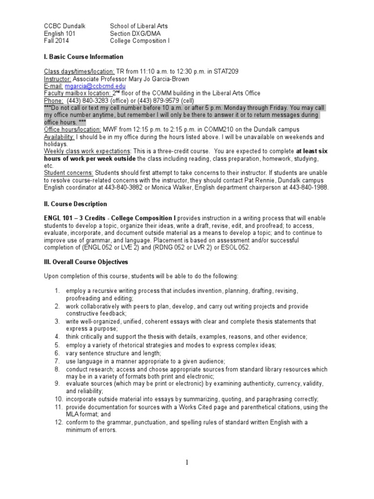 CCBC Dundalk English 101 Course Overview | PDF | Communication ...
