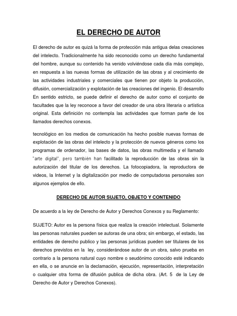 Derecho de Autor: Definición y Protección | PDF | Autor | Derechos
