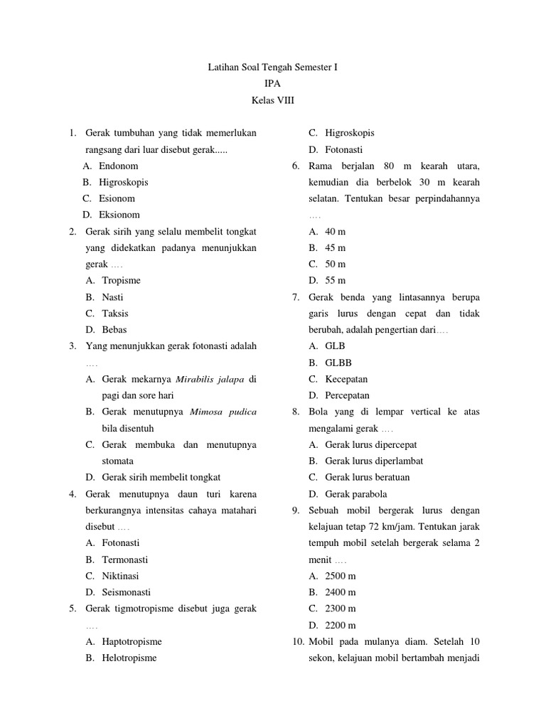 Latihan Soal Tengah Semester I IPA kelas 8 kurikulum 2013