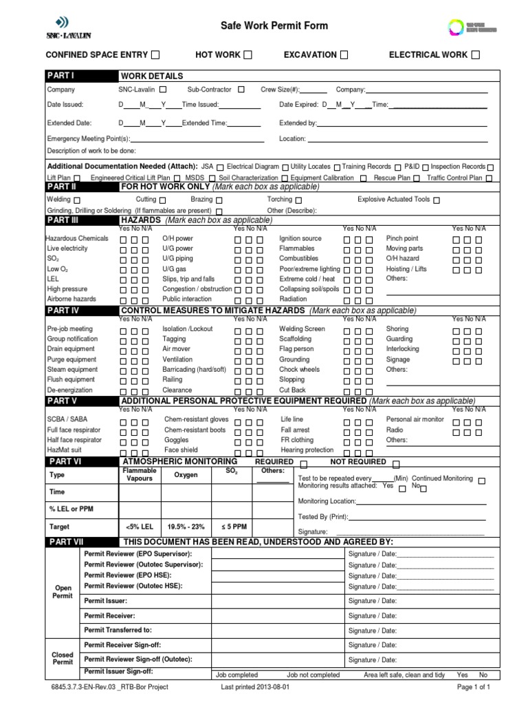 Safe Work Permit Form Safety Chemistry