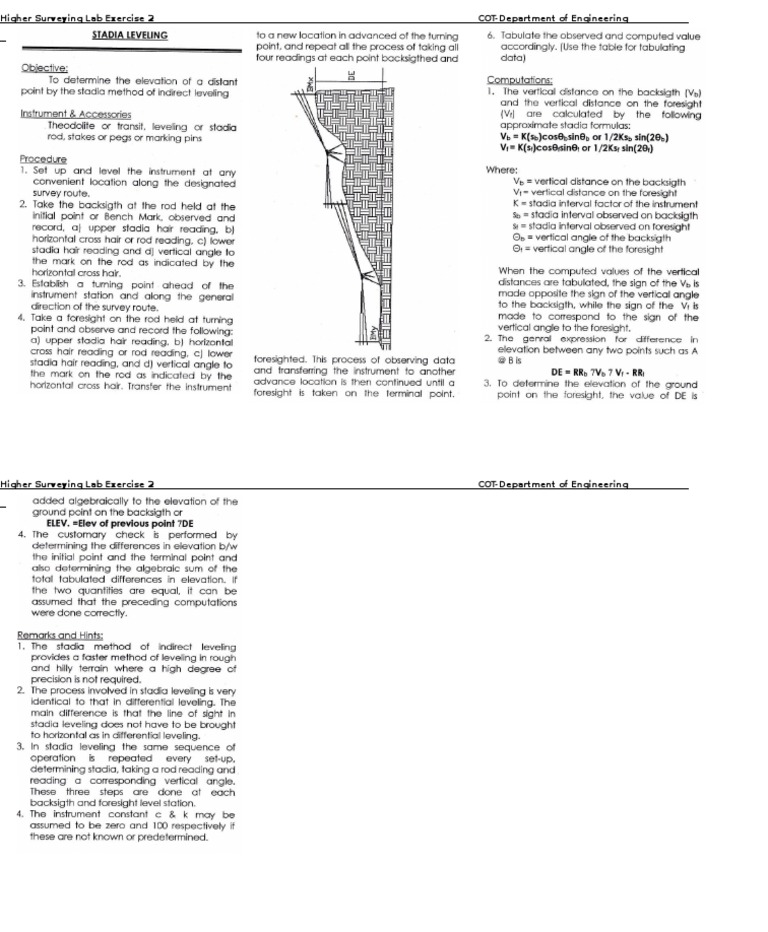 Stadia Leveling Techniques Lab Exercise | PDF | Technology & Engineering
