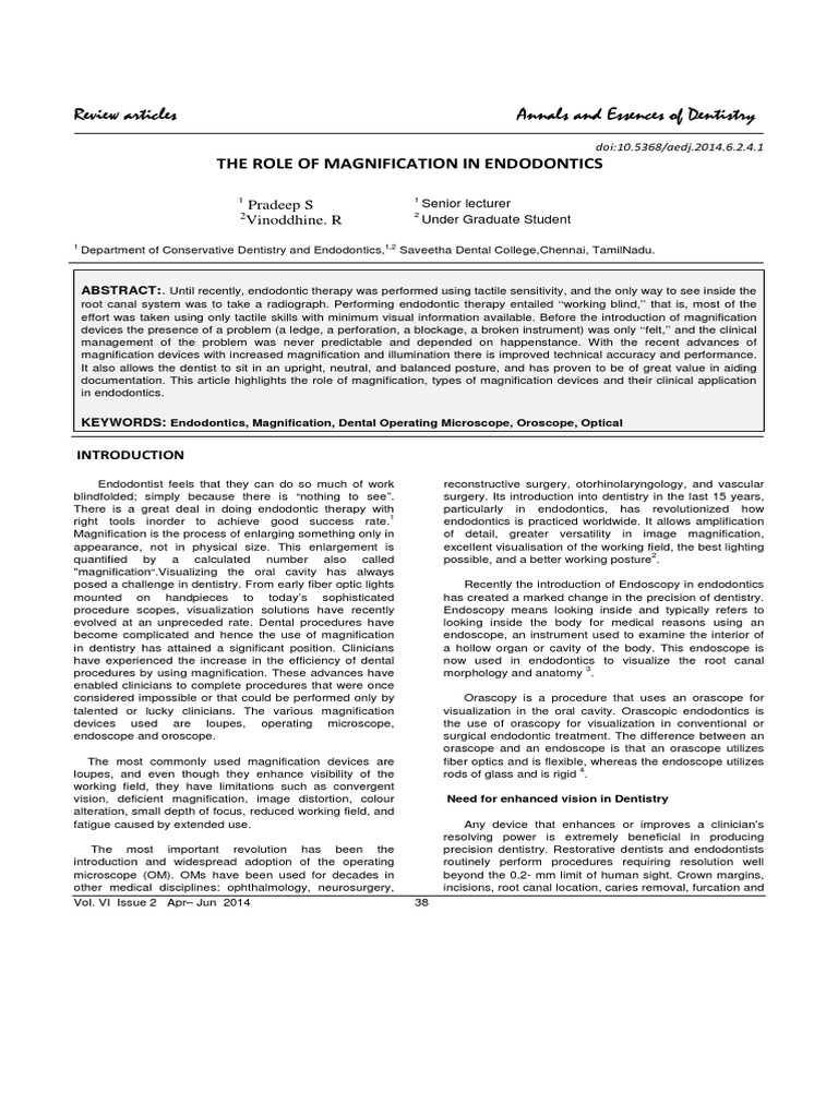 The Role of Magnification in Endodontics PDF PDF Lens (Optics