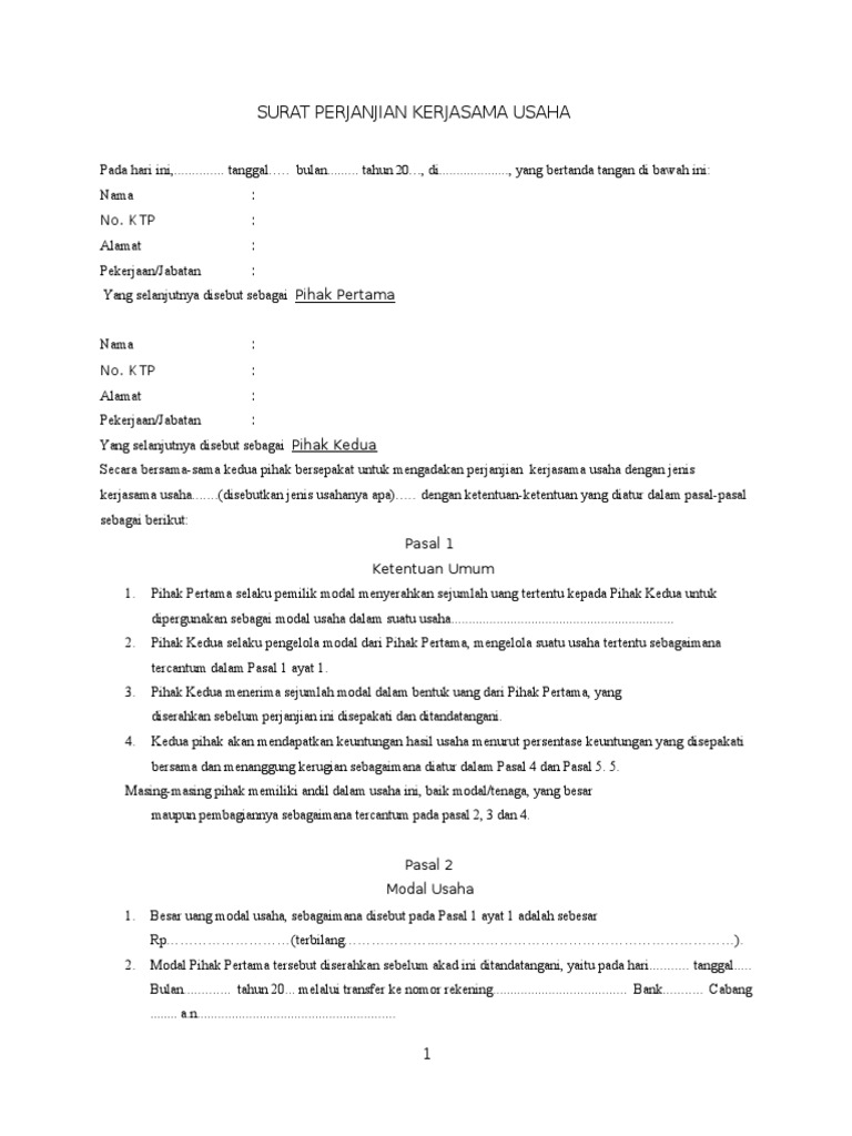 Contoh Surat Perjanjian Kerjasama Modal Usaha Pdf