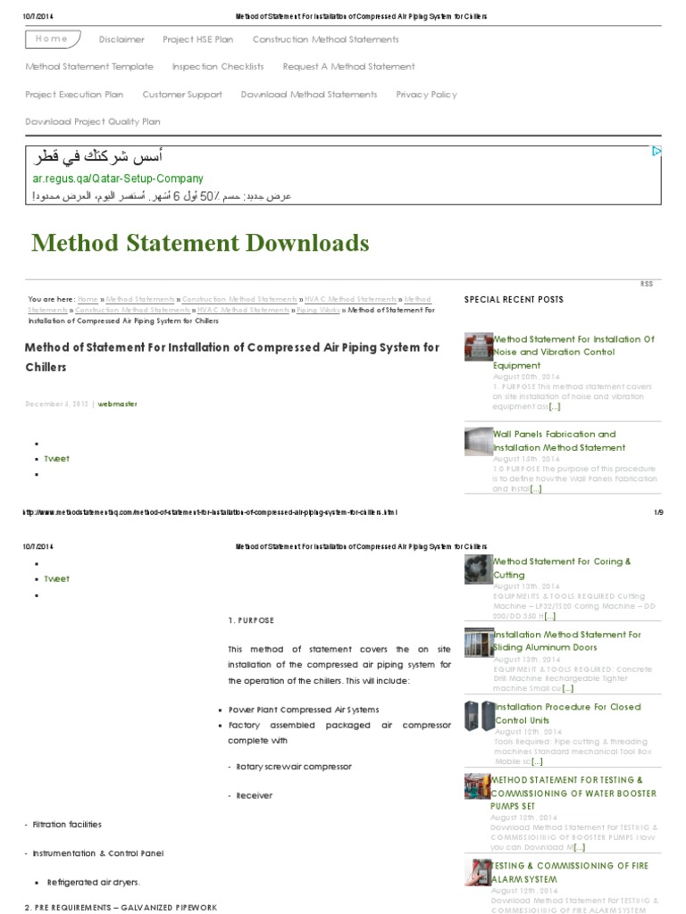 Method of Statement For Installation of Compressed Air | PDF | Pipe ...