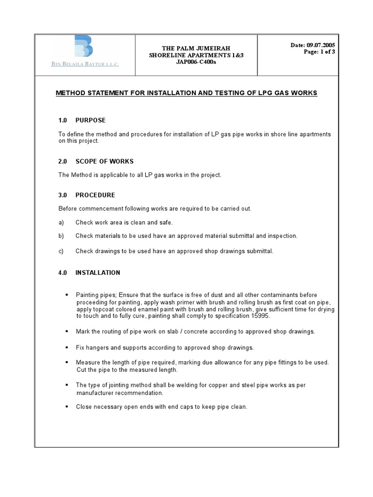 111601 Method Statement For Gas Works PDF Liquefied Petroleum Gas