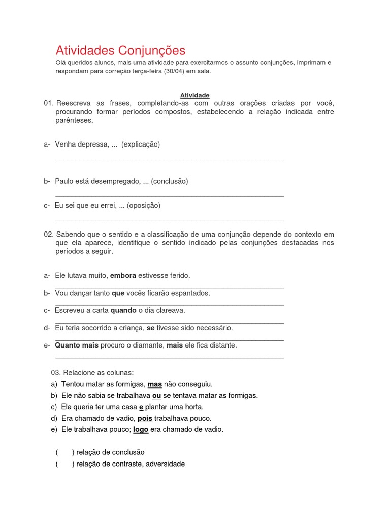 Atividades Conjunções | PDF