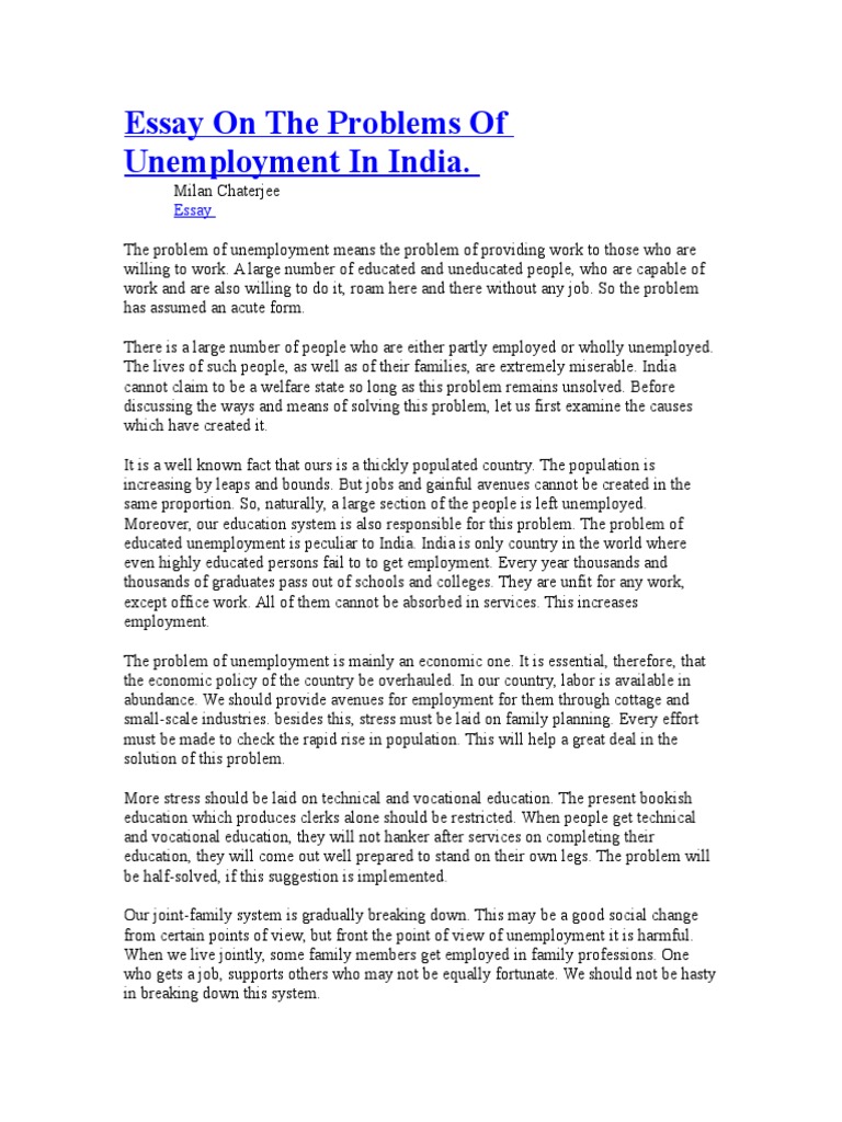 the problem of unemployment in india essay 150 words