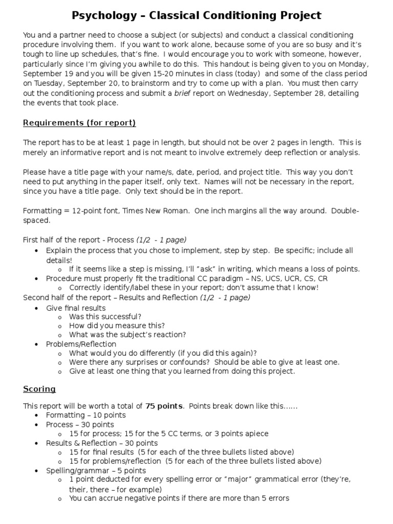 High School Classical Conditioning Project Cognition Psychology & Cognitive Science