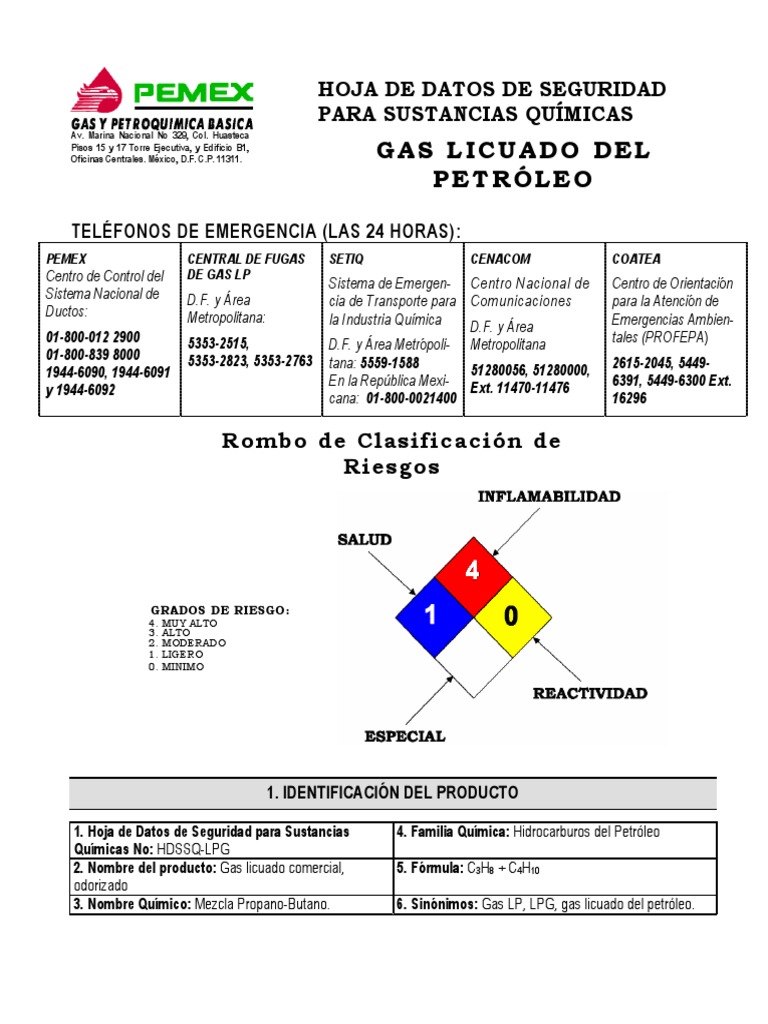 Hoja de Seguridad Gas Licuado LP | PDF | Combustión | Agua