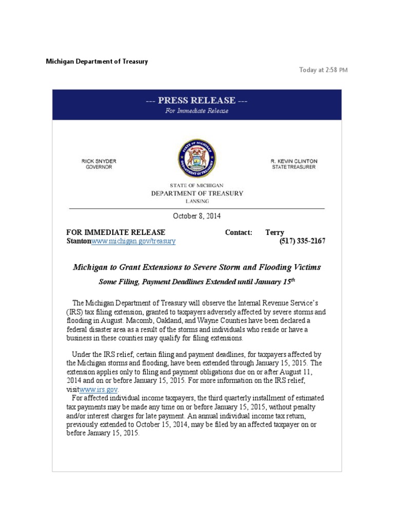 Michigan Tax Extensions for Flood Victims | PDF | Internal Revenue ...