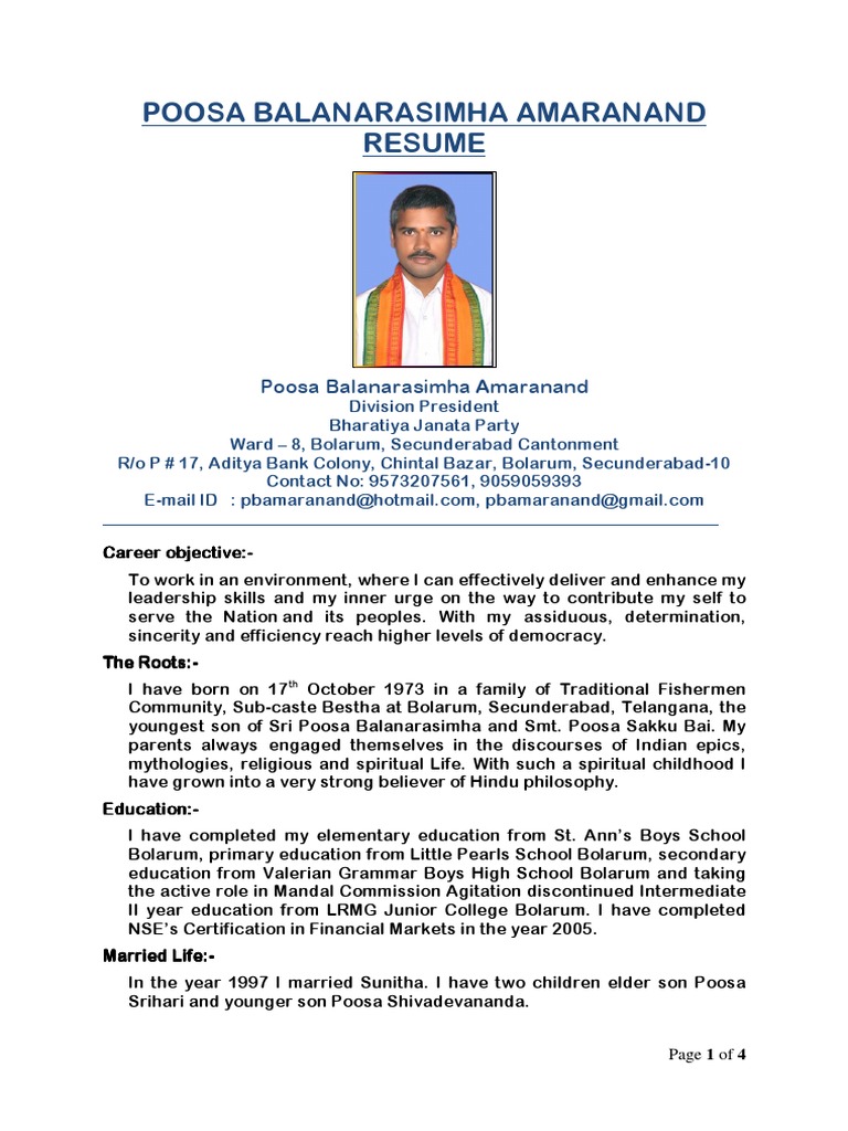 PBA Political Resume PDF Bharatiya Janata Party Political Parties