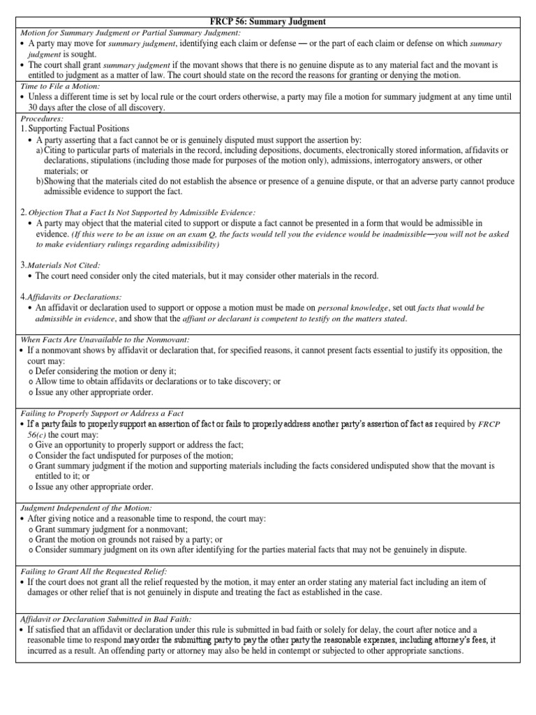 FRCP 56 Summary Judgment Chart PDF Federal Rules Of Civil Procedure