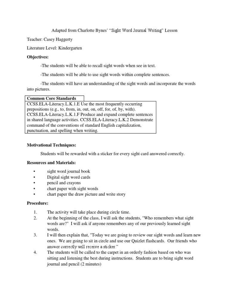 Sight Word Lesson Plan Flashcard Lesson Plan