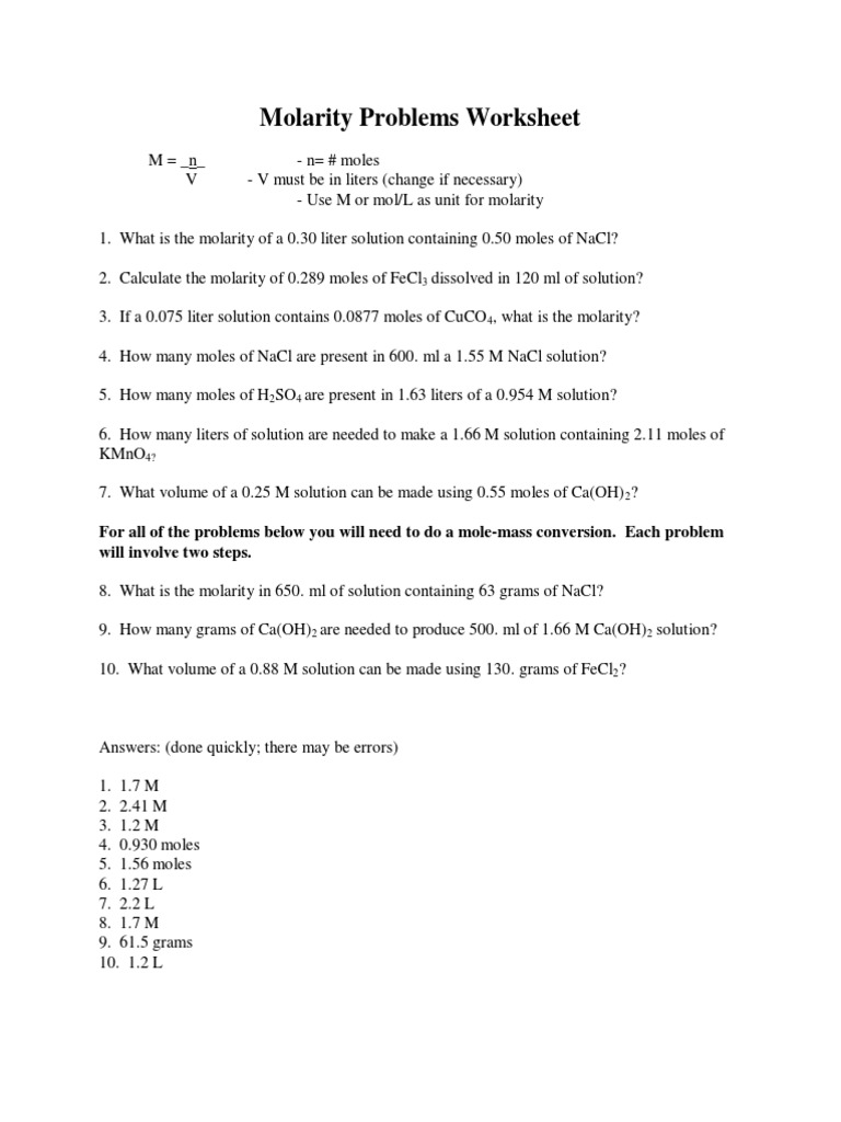 Molarity And Dilution Worksheets Molar Concentration Mole Unit