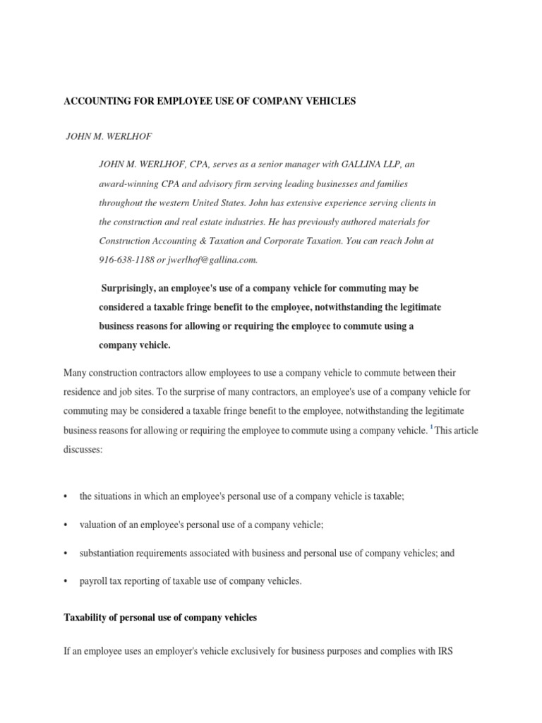 Accounting For Employee Use of Company Vehicles PDF Taxation In The