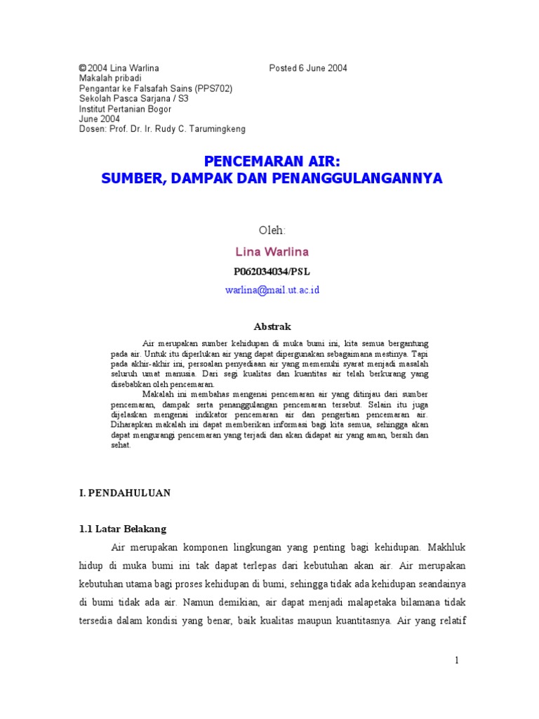 Pencemaran Air Sumber Dampak Dan Penanggulangannya
