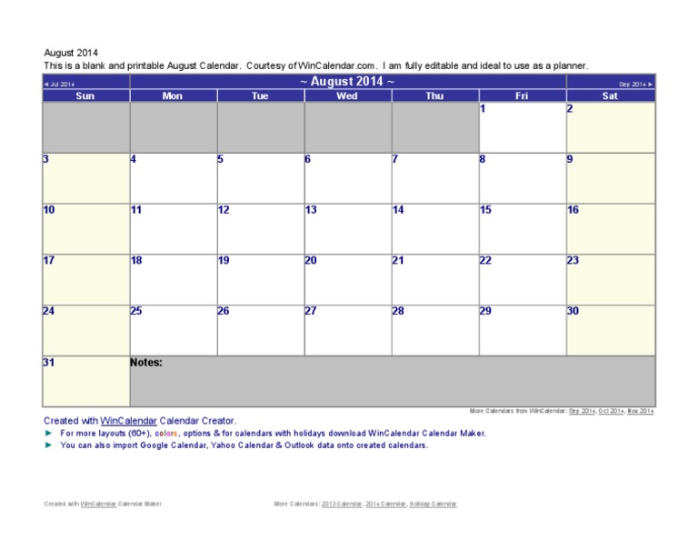 August 2014 Calendar | PDF