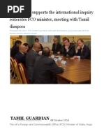 UK Strongly Supports the International Inquiry Reiterates FCO Minister, Meeting With Tamil Diaspora