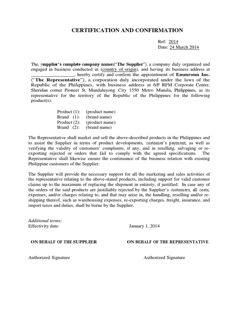 Certification & Confirmation | PDF | Philippines | Brand