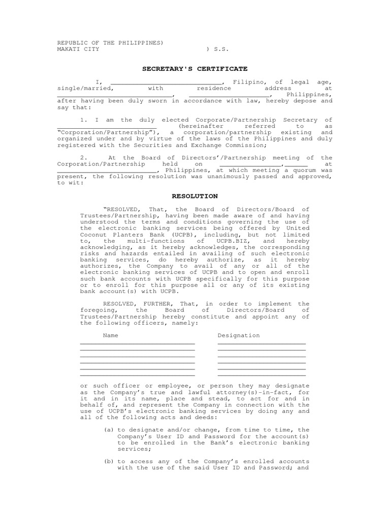 Sample UCPB - Biz Secretary's Certificate | PDF | Online Banking ...