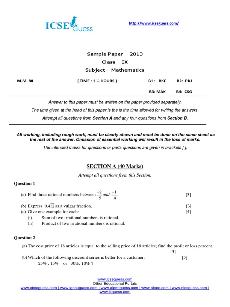 2457icse (Maths Test) Class 9 & 10 PDF Line (Geometry