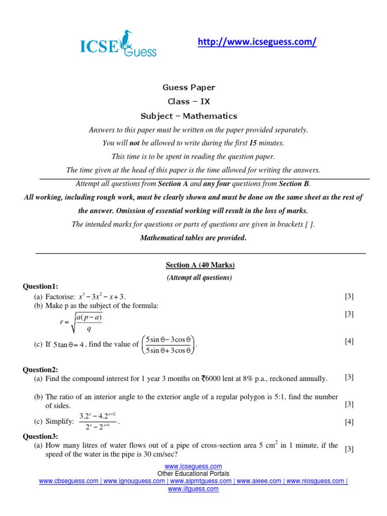 9th class question paper maths