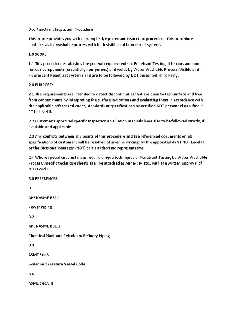 Dye Penetrant Inspection Procedure | PDF | Nondestructive Testing ...