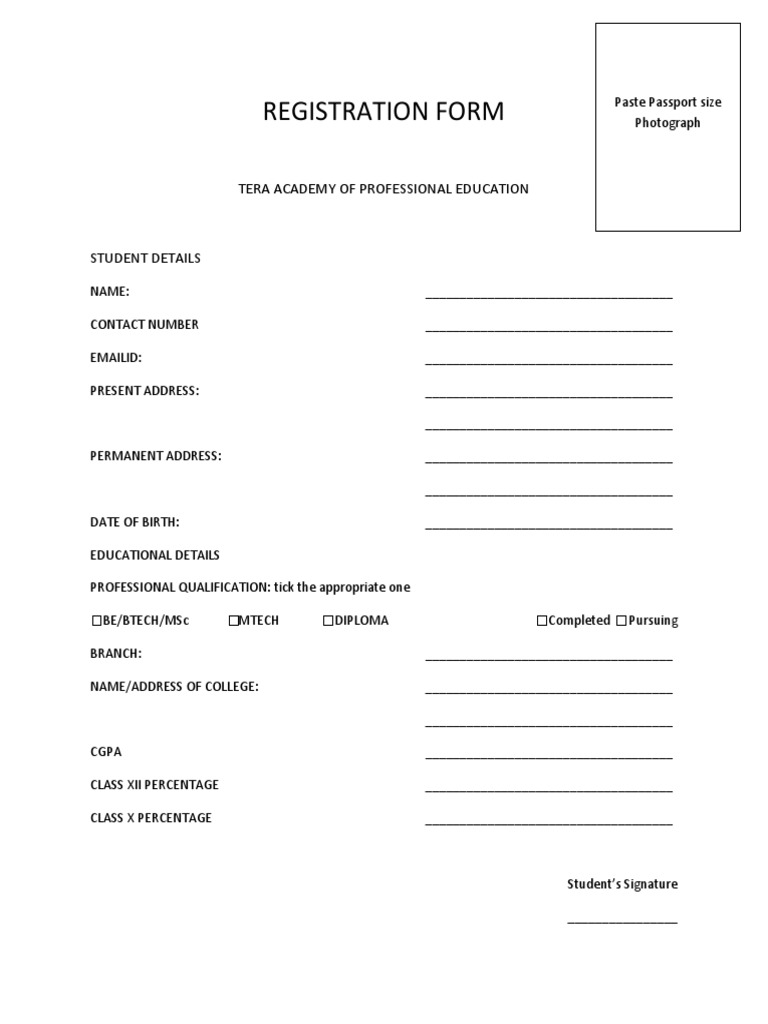 Registration Form: Tera Academy of Professional Education | PDF ...
