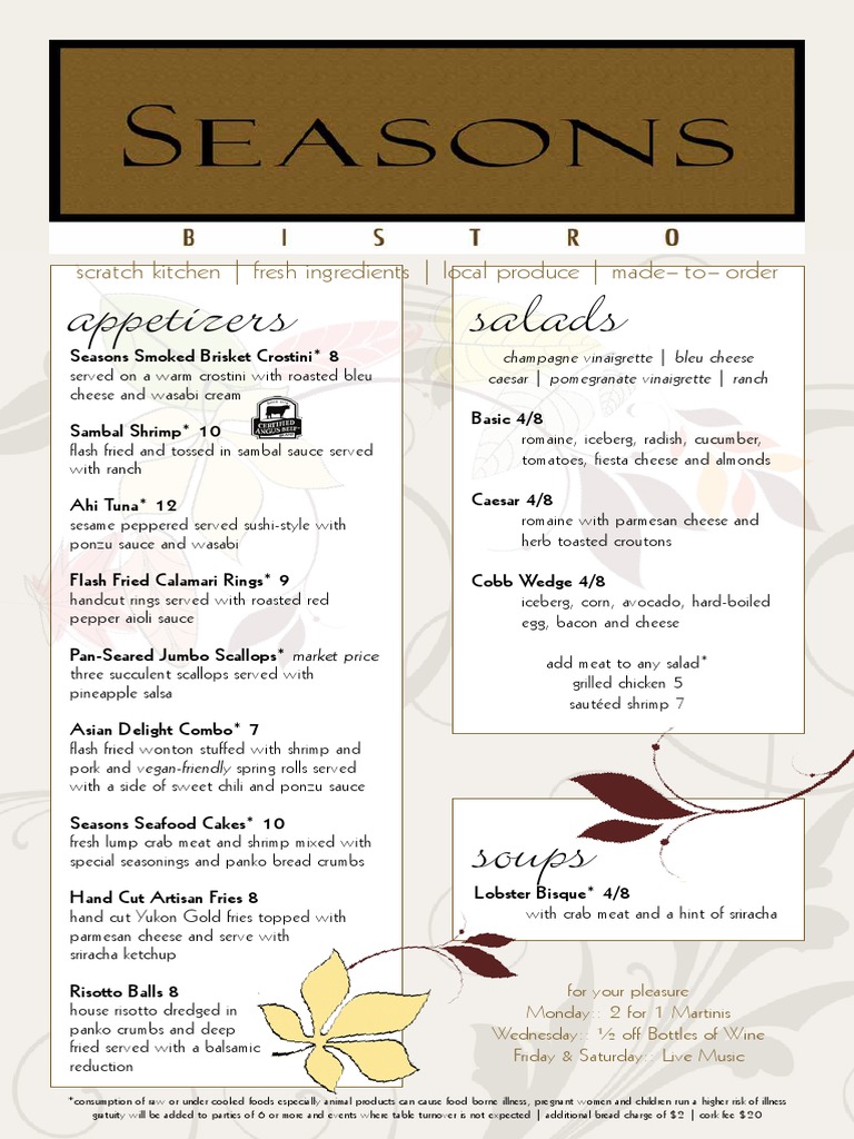 Seasons Bistro Menu FALL 2014 PDF Salad Food And Drink Preparation