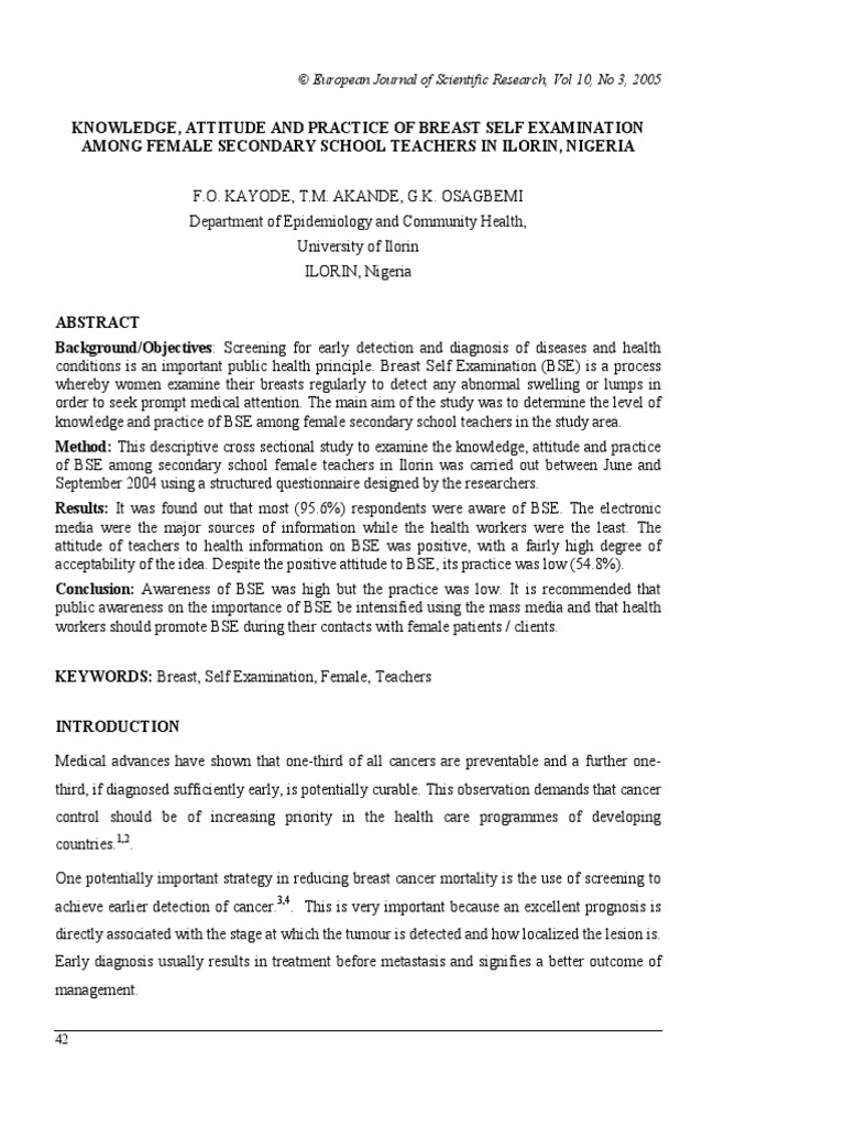 Knowledge Attitude and Practice of Breast Self Examination Among ...