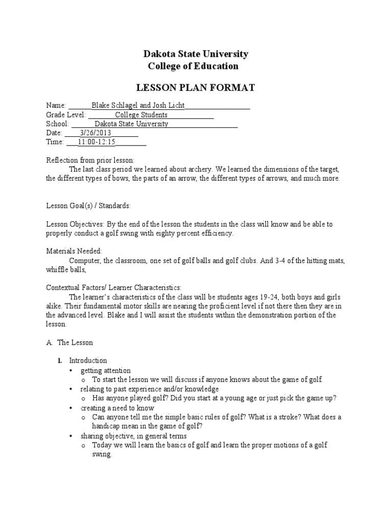 lessonplangolf Differentiated Instruction Lesson Plan
