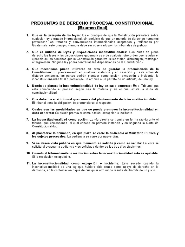 Preguntas de Derecho Procesal Constitucional Examen Final | PDF ...