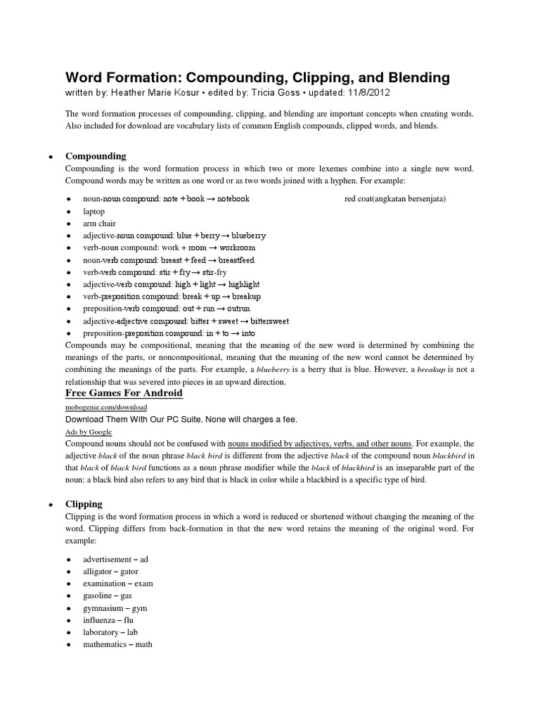 Word Formation: Compounding & Clipping | PDF | Acronym | English Language