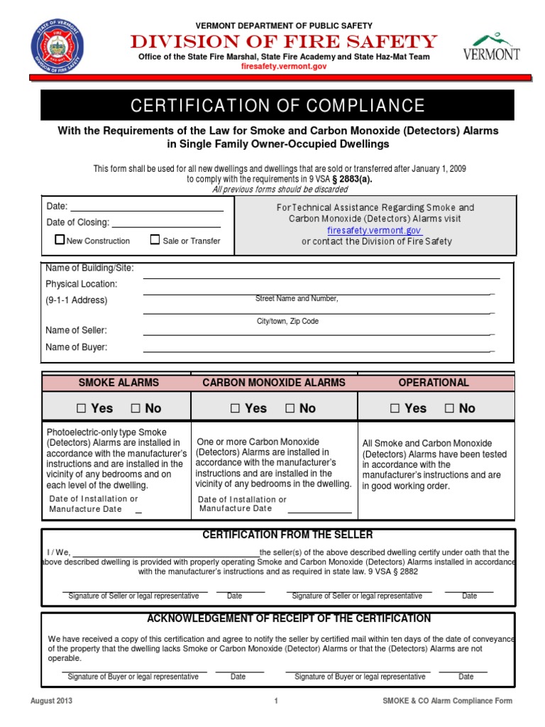 Vermonts Certification of Compliance Smoke Alarm Form August, 2013 PDF Prevention Hazards