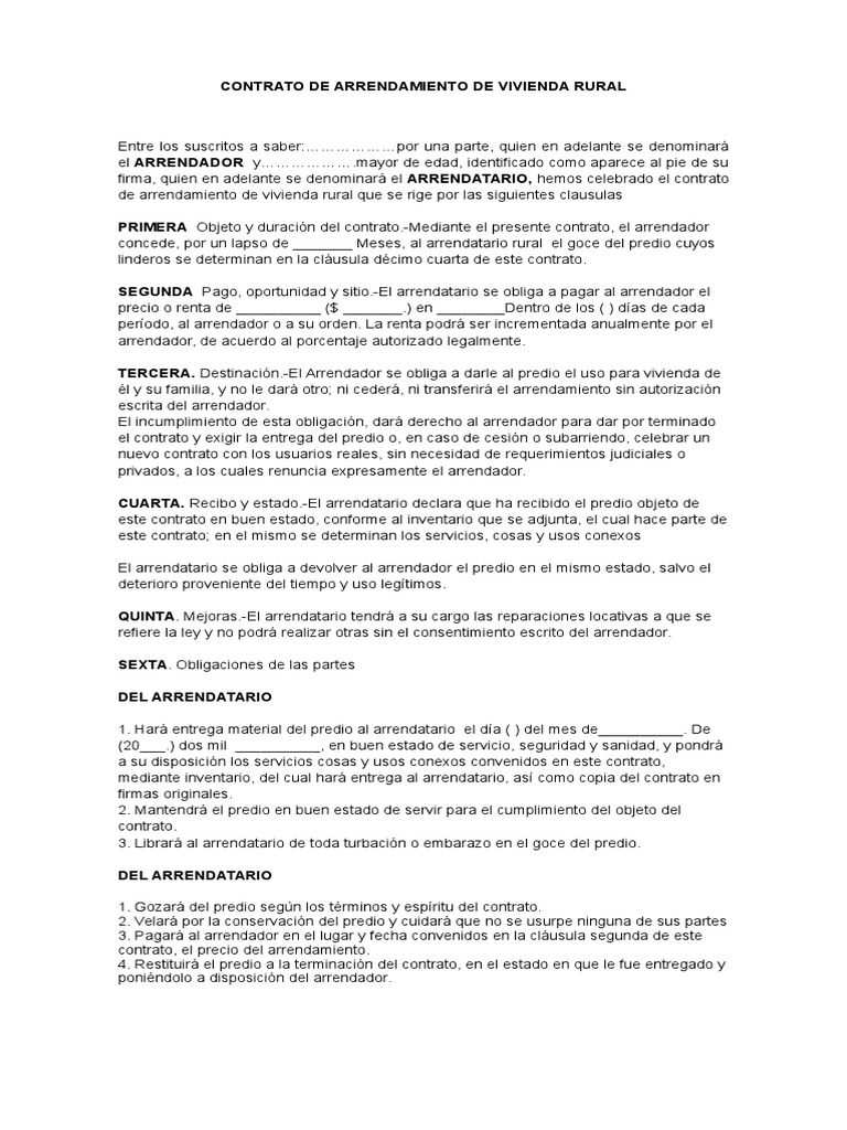 Contrato De Arrendamiento De Vivienda Rural Doc Alquiler Pagos