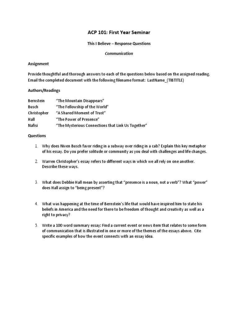 ACP 101: First Year Seminar Assignments | PDF
