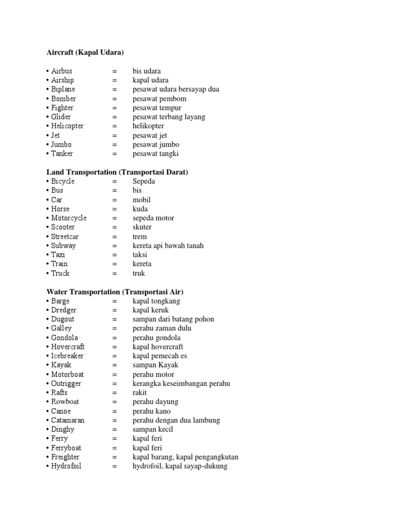Nama Kendaraan Dalam Bahasa Inggris | PDF