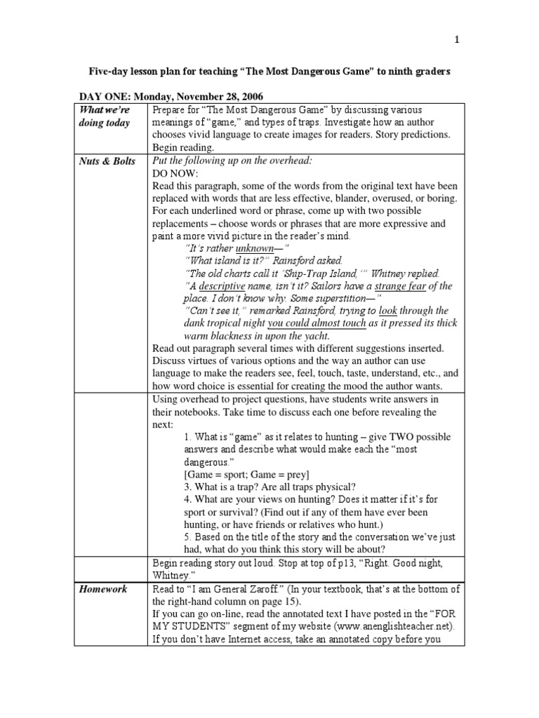 The Most Dangerous Game Lesson Plan Eng 9 2014 Lesson Plan