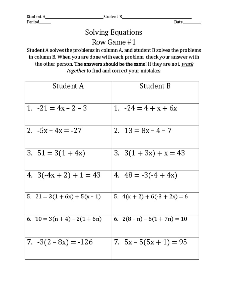 Solving Equations Row Game Activity | PDF