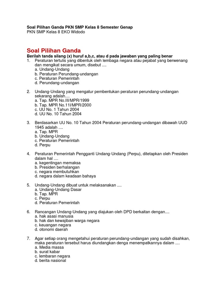Soal Pilihan Ganda PKN SMP Kelas 8 Semester Genap OK