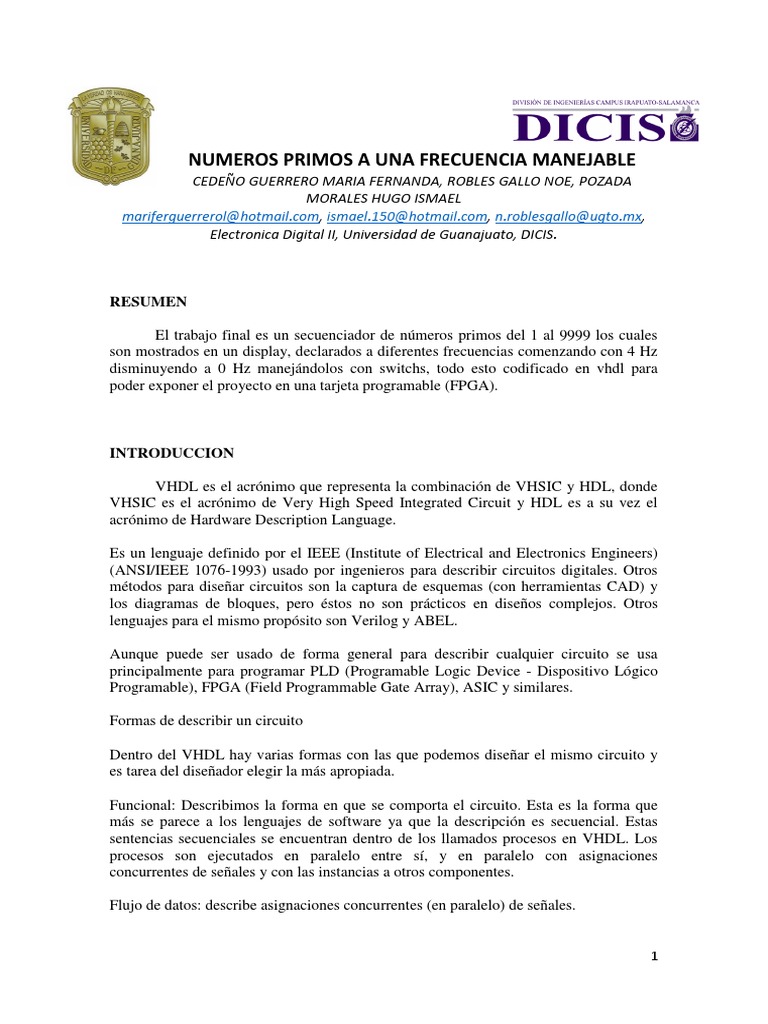 Numeros Primos A Determinada Frecuencia Docx Vhdl Ingenieria