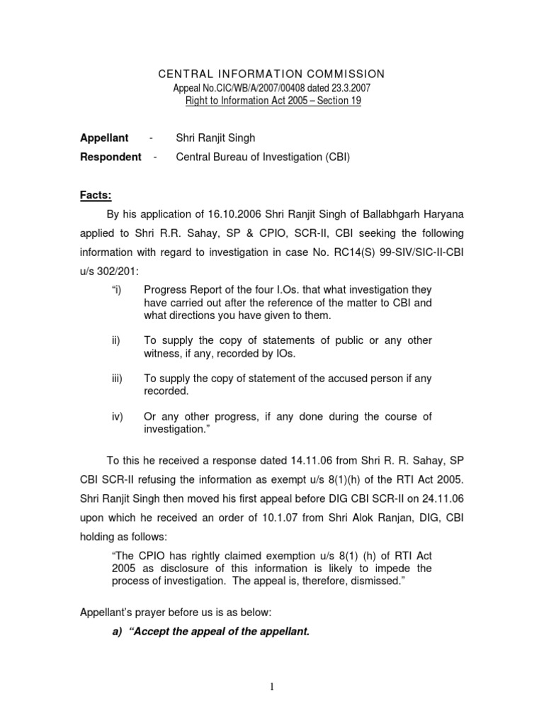 Central Information Commission Right To Information Act 2005 - Section ...