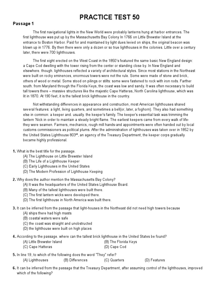 Practice Test 50: Passage 1 | PDF | Lighthouse | Gases