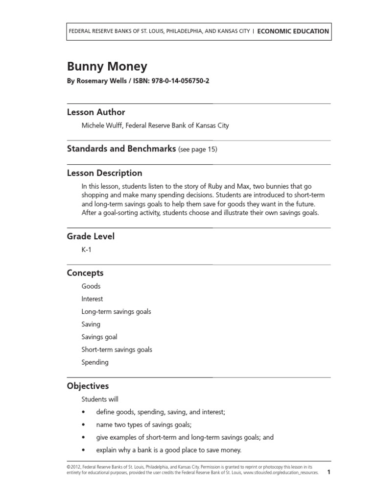 Bunny Money Lesson Plan | PDF | Saving | Economics