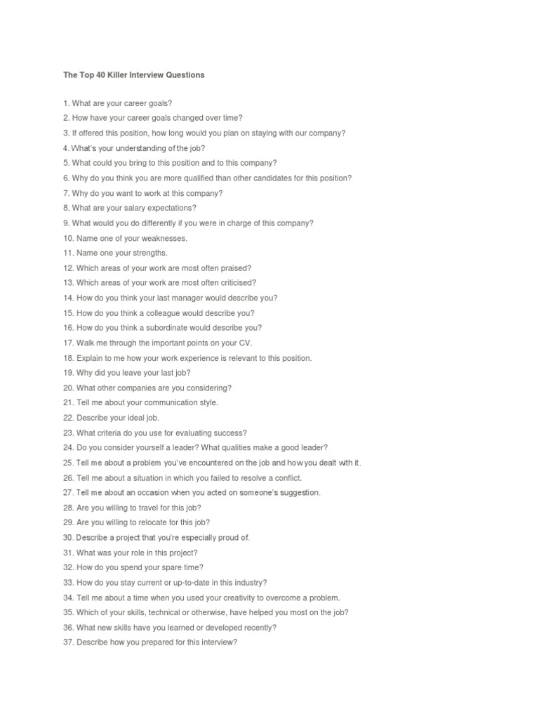 Top 40 Killer Interview Questions | PDF | Interview | Psychology