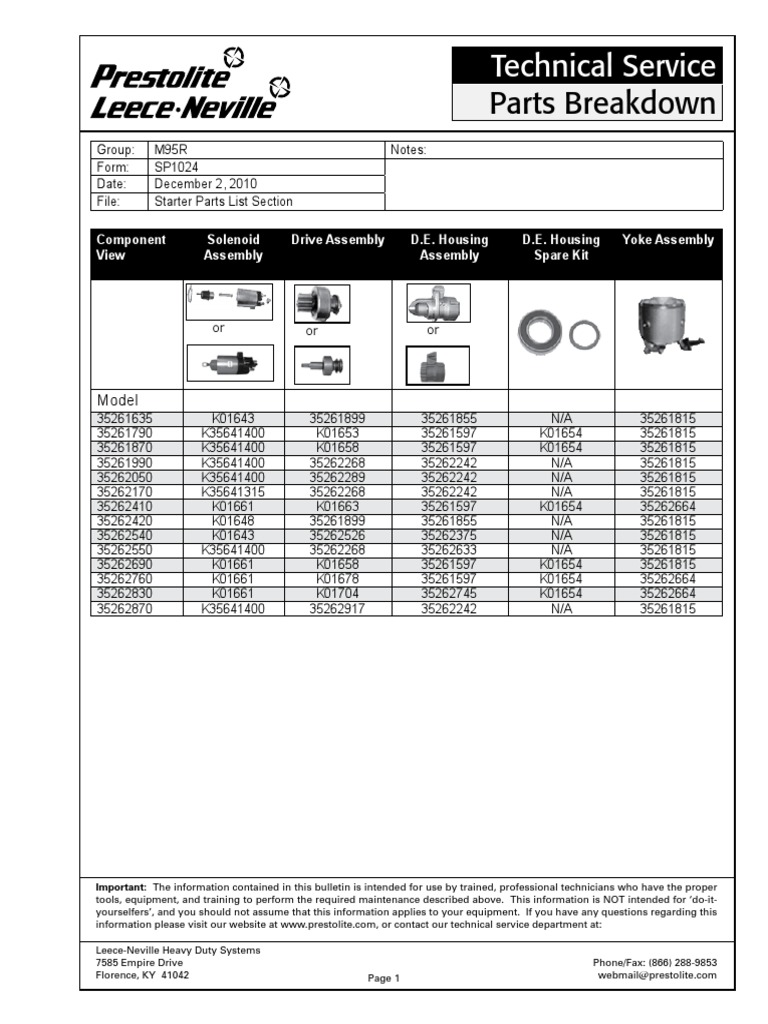 Arranque Prestolite 352 616 35A SP1024_M95R_parts_list.pdf Machines