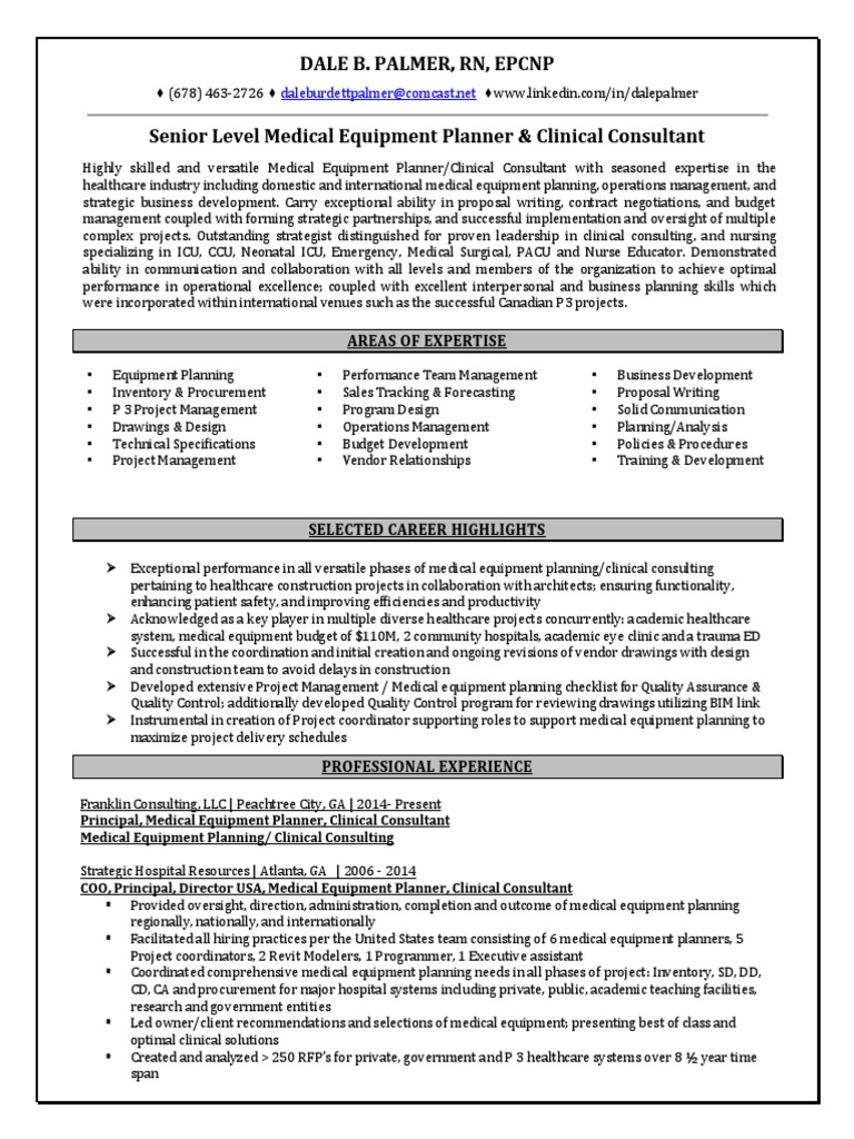 Senior Medical Equipment Planner in Atlanta GA Resume Dale Palmer PDF Project Management