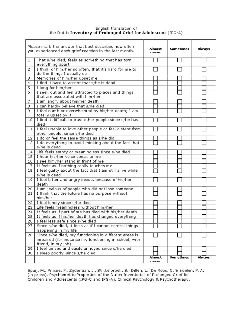 English IPG-A for Adolescent Grief | PDF