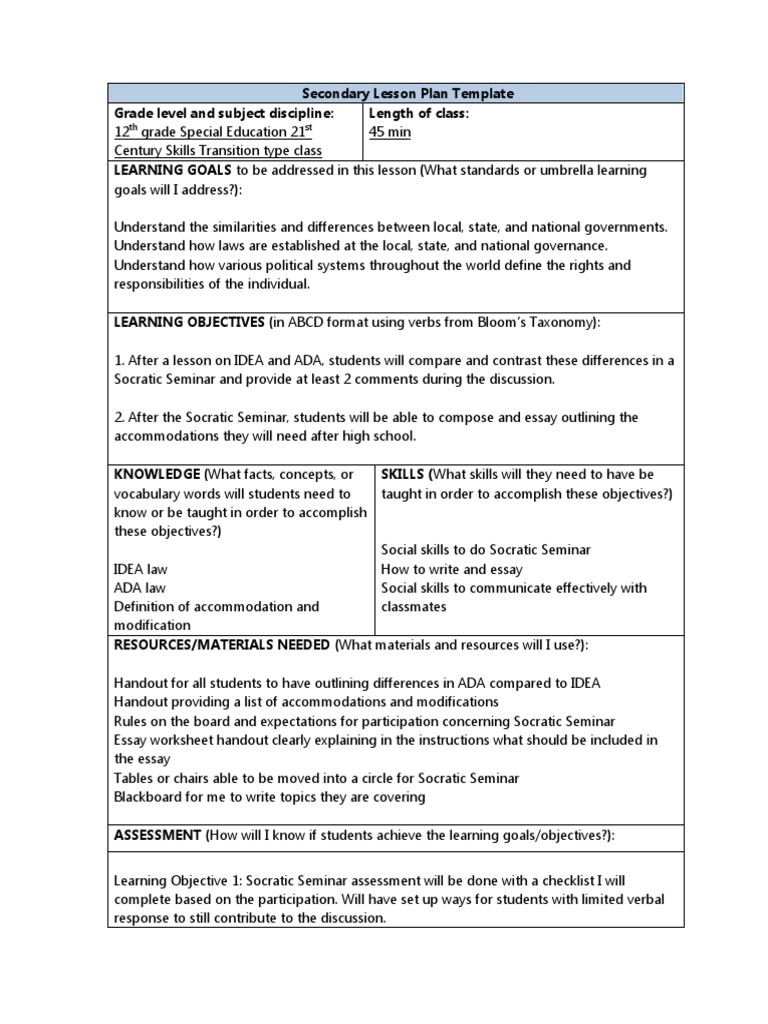 Socratic Seminar Secondary Lesson Plan Differentiation Intasc 2 Lesson Plan Homework